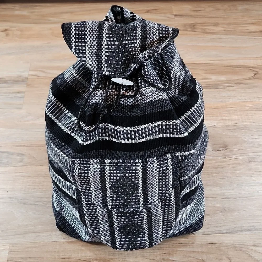 EUC Blk/Gray Striped Blanket Drawstring Backpack